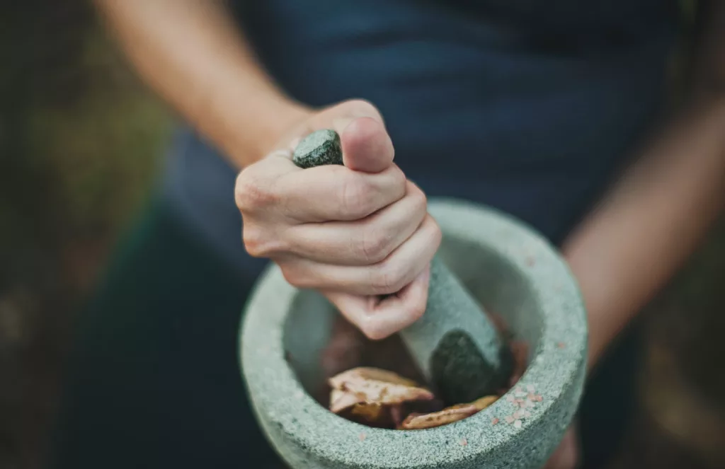 person grinding on mortar and pestle, herbal remedies as home remedies for uti
