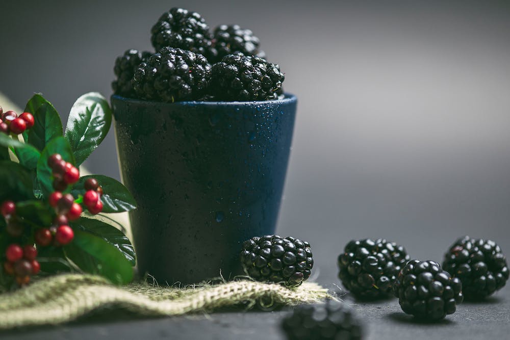 A ceramic cup filled with fresh blackberries, showcasing their freshness and vibrant color.